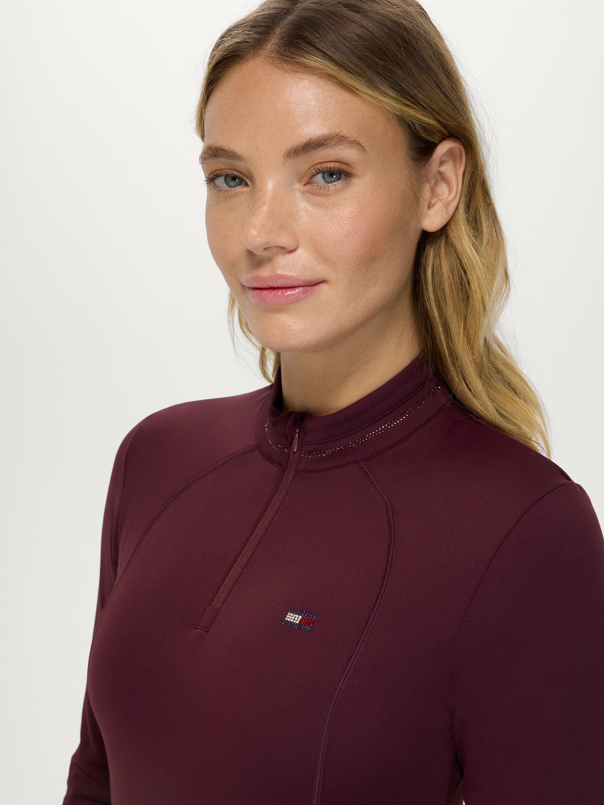 Cady Women 1/4 Zip Rhinestone Training Top DEEP BURGUNDY